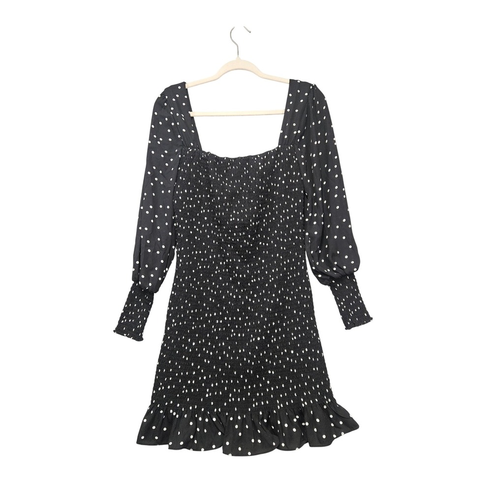 ROW A Womens Polka Dot Smocked Mini Dress Black White Long Sleeve Small NWT